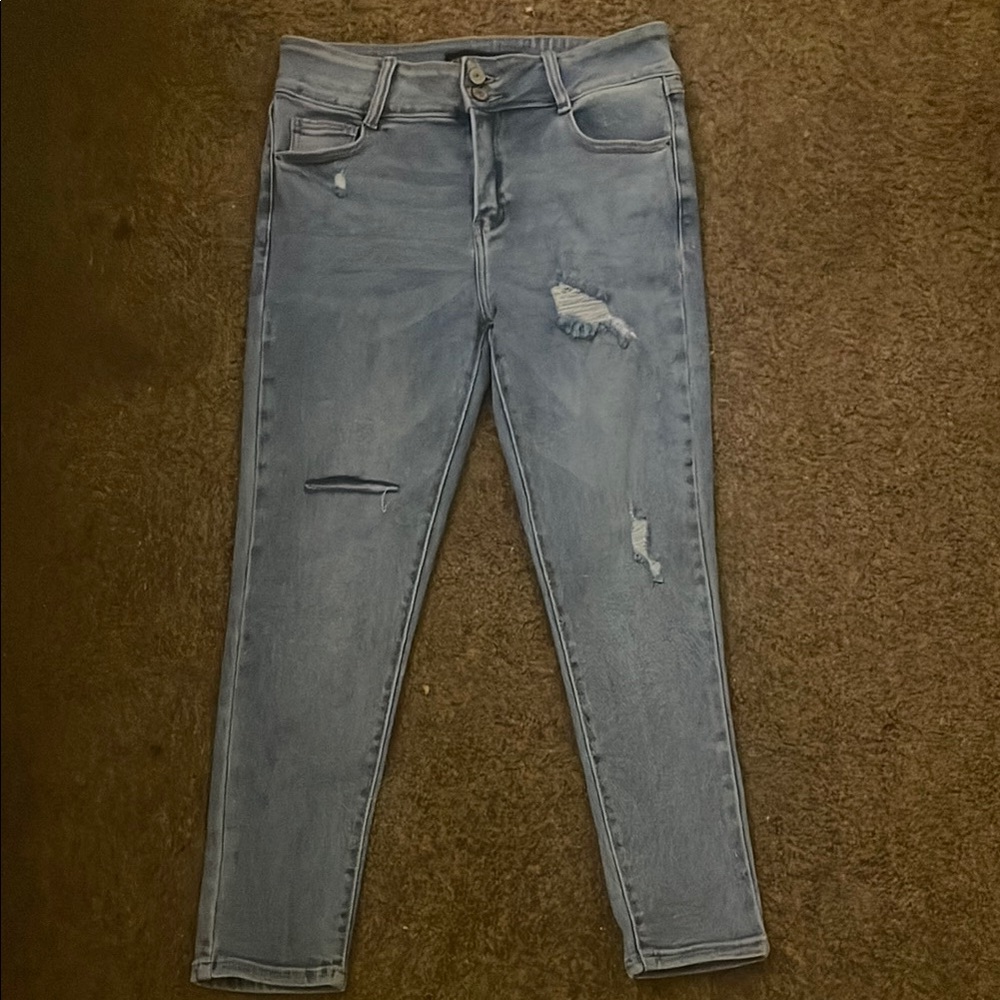 Blue Skinny Jeans with Distressed Accents